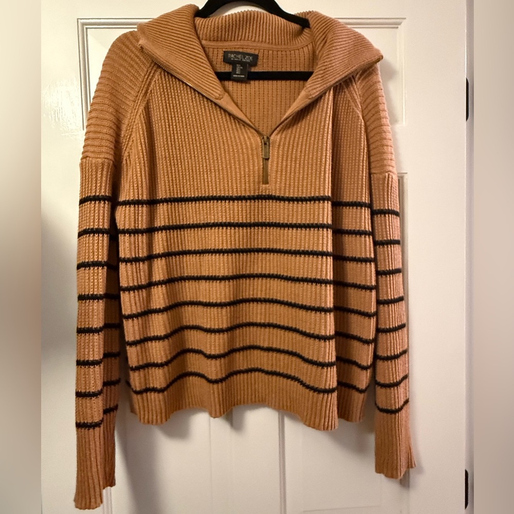 Rachel Zoe Tan and Black Striped Zip-Up Sweater